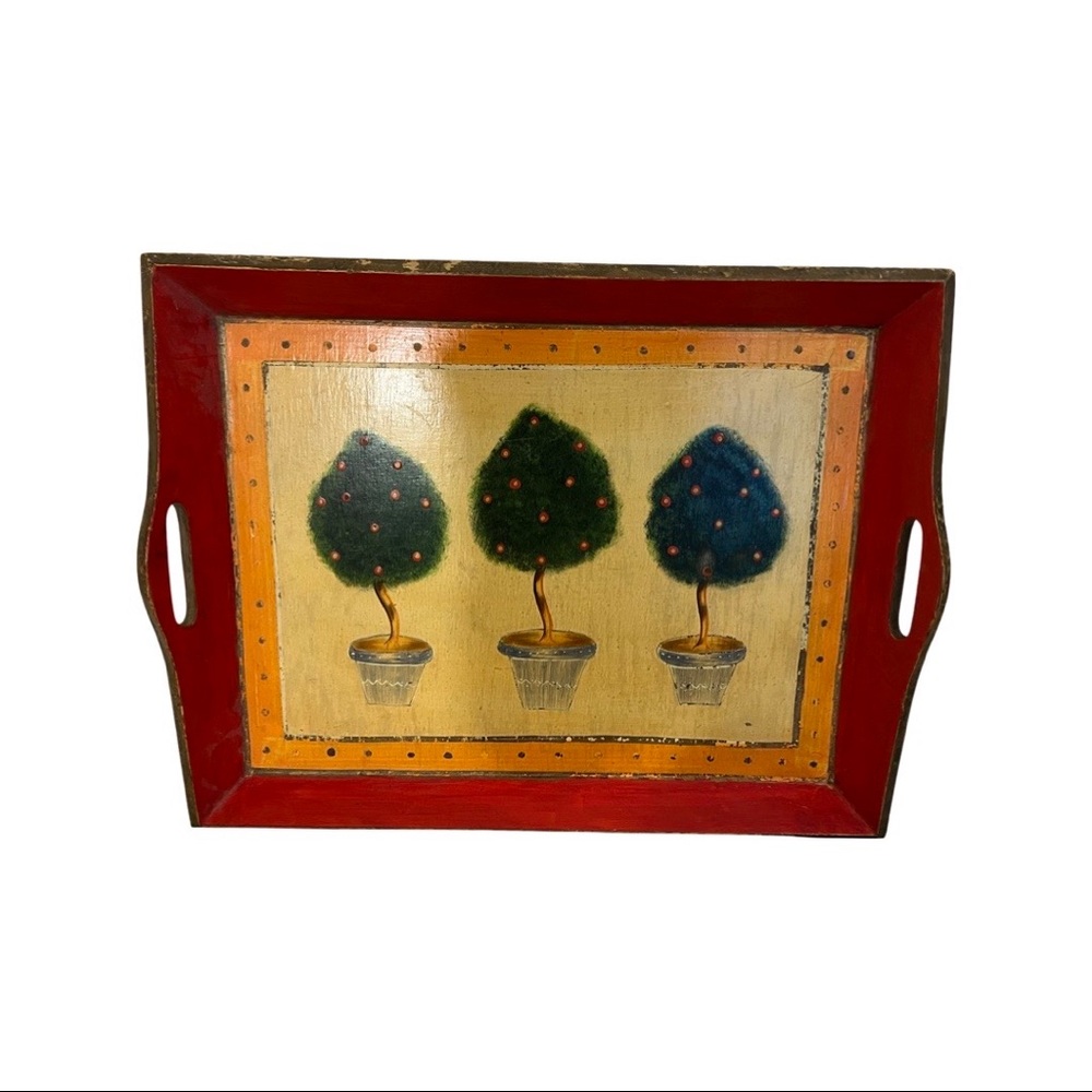 Shabby Hand painted  Vintage Wood Tray with Topiary Fruit Trees